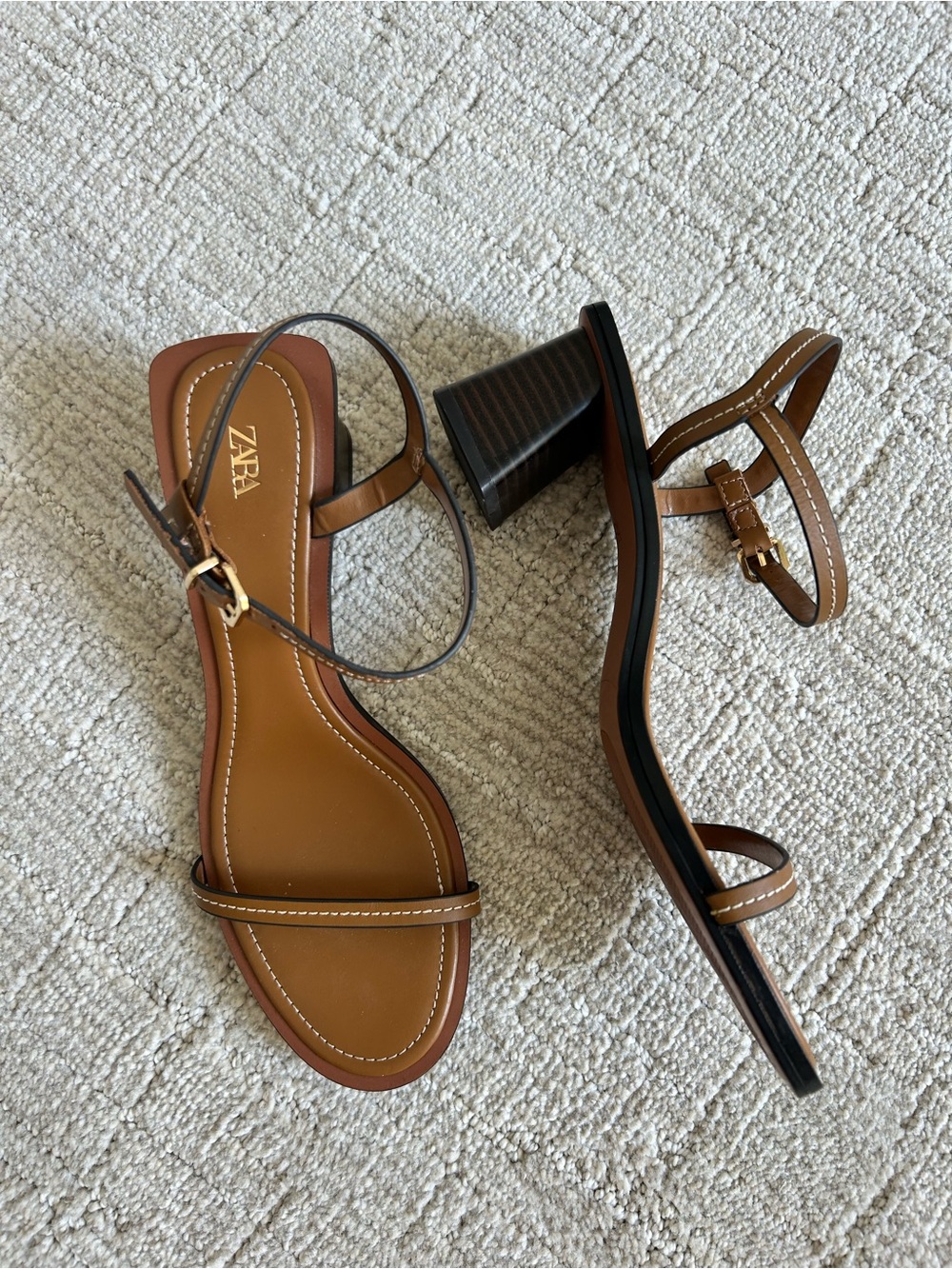 Zara Tan Leather Strappy Block Heel Sandals